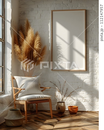 Nature-inspired White Wall and Wooden Furniture in Organic Composition 112147957