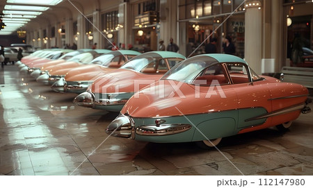 Retro-Futuristic Indoor Car Show with Vintage Automobiles 112147980