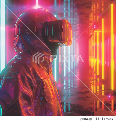 Retro-Futuristic Virtual Reality Experience with Neon Lights 112147983