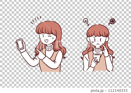 Illustration material of a young woman touching a smartphone 112148355