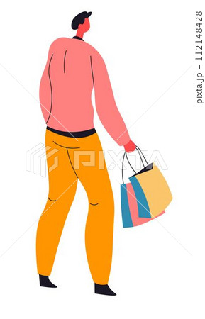 Man walking with bags returning from shopping Man walking with bags returning from shopping 112148428