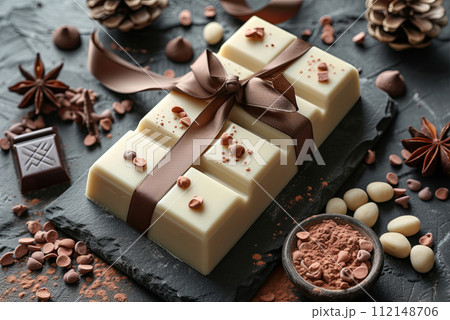 Bar of white chocolate tied with a ribbon and bow. Gift for White Day Bar of white chocolate tied with a ribbon and bow. Gift for White Day 112148706