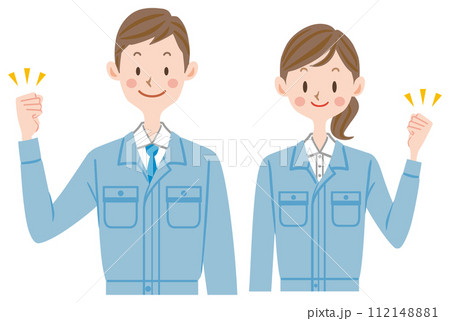 作業服を着てガッツポーズをする若い男女 112148881