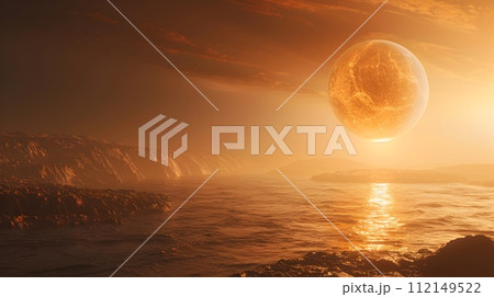 Huge Gold Planet Rising from the Ocean at Sunrise 112149522