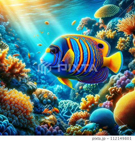 サンゴ礁で泳ぐカラフルな熱帯魚 112149801