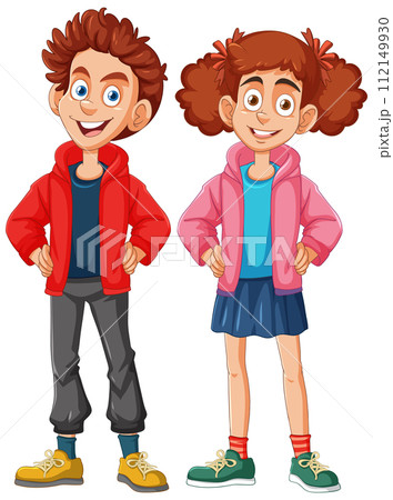 Happy Cartoon Siblings Standing Together Happy Cartoon Siblings Standing Together 112149930