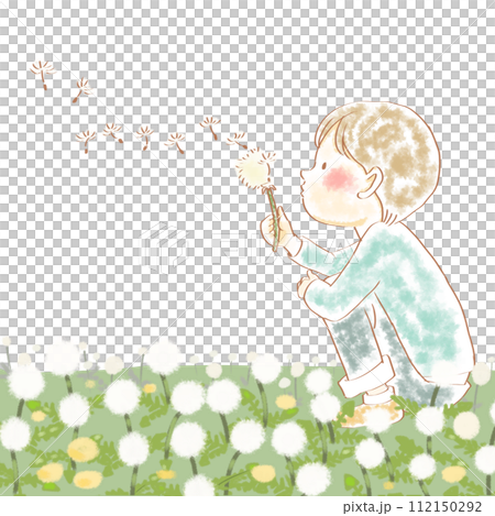 一個孩子在玩蒲公英棉帽 一個孩子在玩蒲公英棉帽 112150292