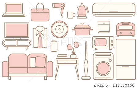 新生活 家具や家電のイラスト素材セット ベクター 春 白背景 お洒落 112150450