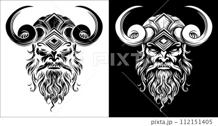 Viking Warrior Man Strong Mascot Face in Helmet Viking Warrior Man Strong Mascot Face in Helmet 112151405