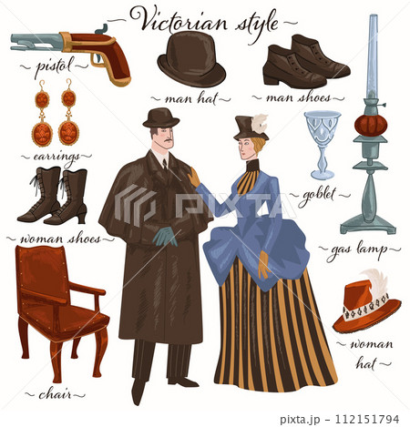 Victorian style epoch, couple and furniture object 112151794