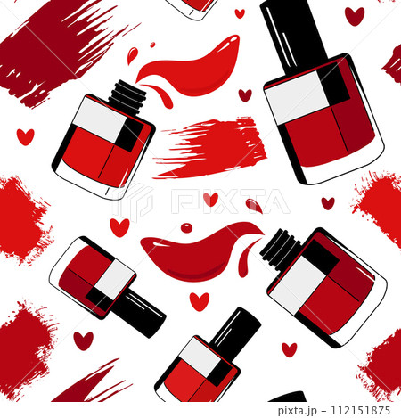 Seamless pattern with red nail polish and heart. Makeup background in flat design for design textile 112151875