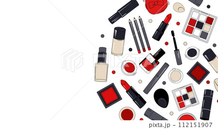 Vector rectangular frame with red makeup elements for text. Vignette with cosmetics for design 112151907