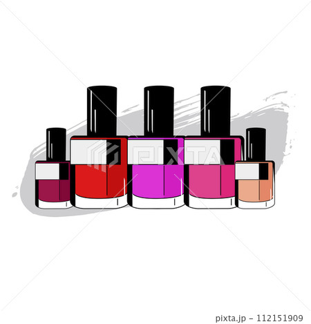 Set of nail polish with drop of varnish. Isolated vector clipart side view. Drawn makeup for design 112151909