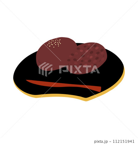 皿にのったおはぎ(こしあん&つぶあん)の手描きカラーイラストアイコン 112151941