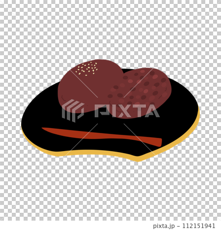 皿にのったおはぎ(こしあん&つぶあん)の手描きカラーイラストアイコン 112151941