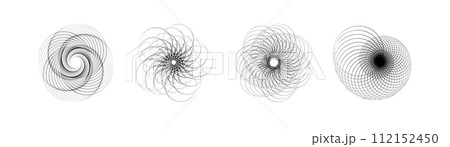 Spirograph patterns collection. Abstract geometric abstract forms isolated. Round and spiral twisted lines. Circular ornament of spirograph for watermarks 112152450