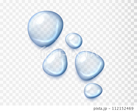 liquid serum drop collection. Realistic Blue Illuminating Water Drop Isolated on transparent background. Cream gel cosmetic texture. 112152469