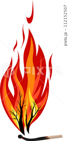 Forest fire. A match with fire. Careful handling of fire. Dangerous fire. 112152507