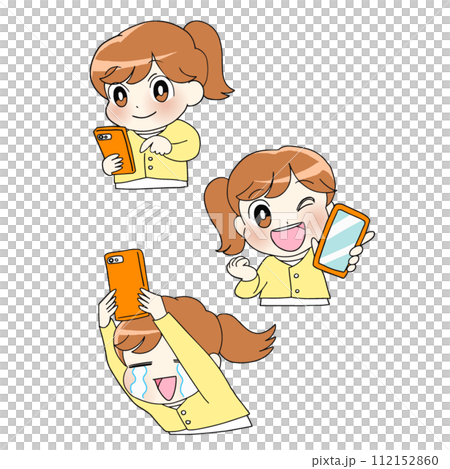 使用智慧型手機或舉起智慧型手機的女性的插圖 112152860