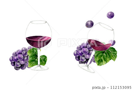 赤ワインとぶどうの果実のセット　お酒の手描き水彩イラスト素材 112153095