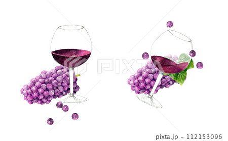 赤ワインとぶどうの果実のセット　お酒の手描き水彩イラスト素材 112153096