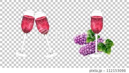スパークリングワイン（赤ワイン）のセット　お酒の手描き水彩イラスト素材 112153098