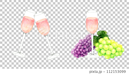 Sparkling wine (rosé) set, hand-drawn watercolor illustrations of alcoholic beverages 112153099