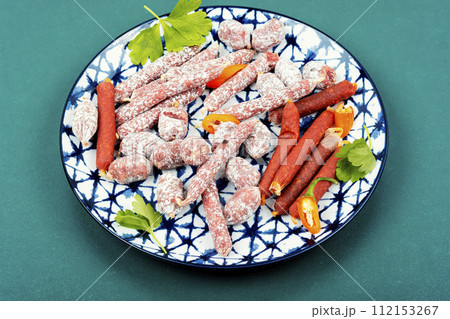 Mini sausages salami. 112153267