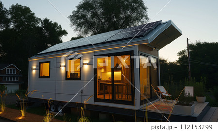 solar panels on a modern tiny house roof top solar panels on a modern tiny house roof top 112153299