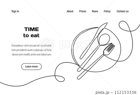 Kitchen tools. Culinary landing page. Dinner eating. Plate with cutlery. Website design template. Food cooking. Lunch table serving. Fork and knife. Doodle continuous line drawing. Vector background 112153336