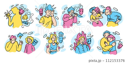 Mental health. People insincerity. Fake mask. Persons mind. Psychology problem. Woman depression. Man stress. Couples hypocrisy. Anxiety influence. Emotion hide. Vector psychological disorders set 112153376