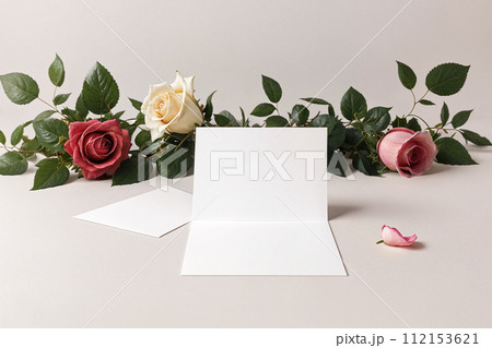 blank letter, postcard on a background of roses mockup on a light background 112153621
