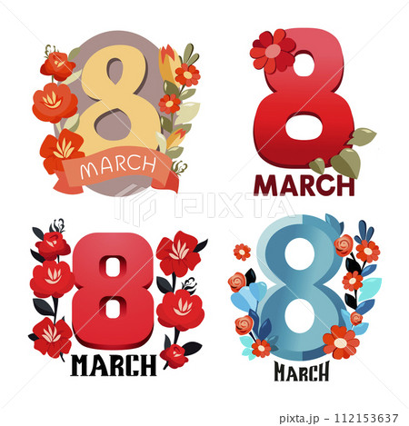 Vector set of handwriting text with flowers by 8 march. Isolated Number eight by women day. Flat 112153637