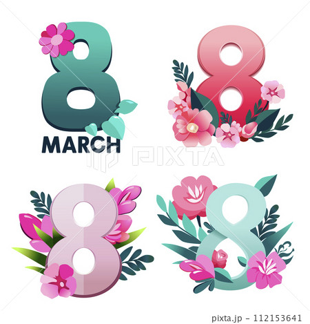 Vector set of handwriting text with flowers by 8 march. Isolated Number eight by women day. Flat 112153641