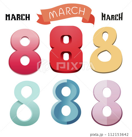 Vector set of colorful handwriting text by 8 march. Isolated Number eight by women day. Flat design 112153642