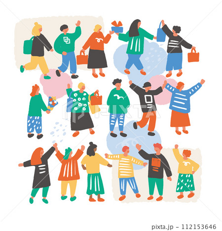街を歩く人々のシンプルでフラットなイラスト 112153646