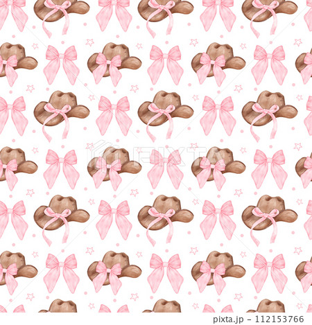 Coquette Cowgirl Hat Seamless Pattern. Feminie  Watercolor Western Chic repeating pattern. 112153766