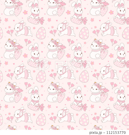 Coquette Easter bunny Seamless Pattern in pink theme with ribbon bow cartoon doodle hand drawing. Coquette Easter bunny Seamless Pattern in pink theme with ribbon bow cartoon doodle hand drawing. 112153770