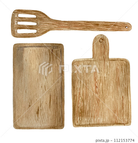 Watercolor wooden cutting board, tray, spatula isolated on white Watercolor wooden cutting board, tray, spatula isolated on white 112153774