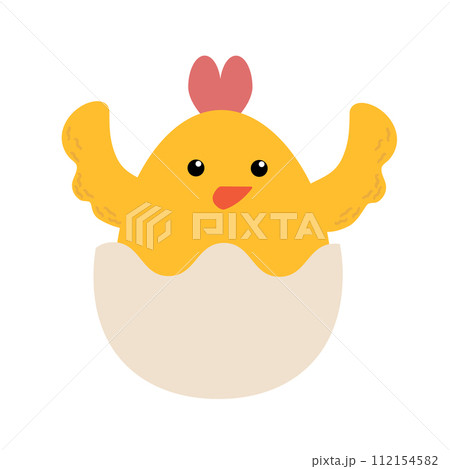 Easter little chick cartoon character isolated on white background. Trendy Easter design. Flat vector illustration for poster, icon, card, logo, label. 112154582