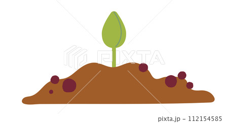 Pile of ground with small green sprout, heap of soil. Vector illustration isolated on white background. Vector illustration. Gardening, plants. Cartoon design for poster, icon, card Pile of ground with small green sprout, heap of soil. Vector illustration isolated on white background. Vector illustration. Gardening, plants. Cartoon design for poster, icon, card 112154585