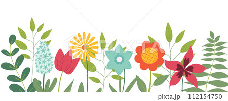 Colorful illustration with flowers and leaves at bottom of picture on white background. Cute hand drawn pattern design for spring design, vector illustration. Colorful illustration with flowers and leaves at bottom of picture on white background. Cute hand drawn pattern design for spring design, vector illustration. 112154750