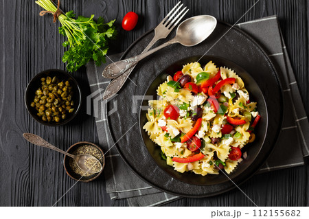Farfalle salad, Bow Tie Pasta salad, top view 112155682
