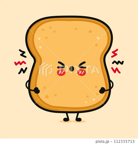 Angry Toast piece of bread character. Vector hand drawn cartoon kawaii character illustration icon. Isolated on brown background. Sad Toast slice of bread character concept 112155713