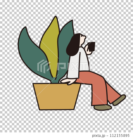 観葉植物と女性の線画ベクター 112155895