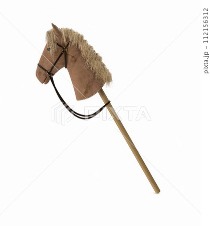 Plush hobby horse toy with a wooden stick on white background 112156312