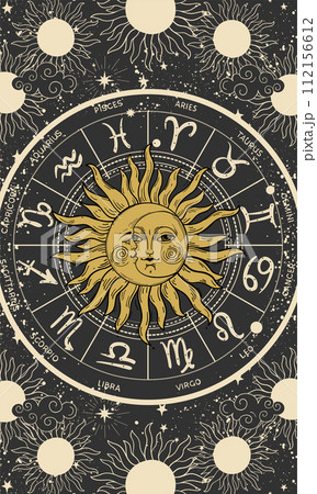 Zodiac wheel with sun and moon signs, astrology card, mystical horoscope symbols on a black background, magical vector illustration in boho style, fortune teller, future prediction. 112156612