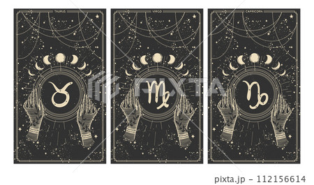 Taurus, virgo, capricorn, earth element zodiac signs, set of astrology cards for stories, horoscope banner, vintage art style. Vector illustration on a black background. 112156614
