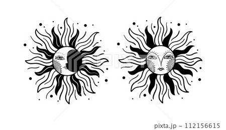 Vintage sun with face and moon, medieval engraving, hand drawing. Mystical tarot symbol for astrology, celestial line tattoo. Vector illustration. 112156615