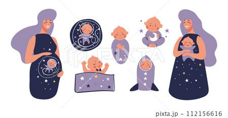 Pregnancy and motherhood set of funny illustrations. pregnant woman, mother with newborn, baby astronaut in a rocket, sleeping baby. Clipart for card, pediatrics, mother s day. Flat vector. 112156616